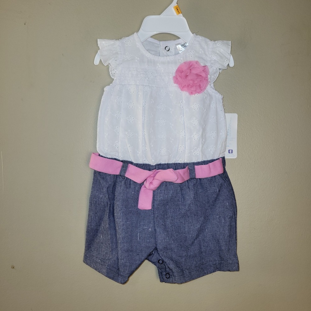 Baby Essentials Girls 12M Romper White Eyelet Lace Blue Chambray Pink Flower NEW